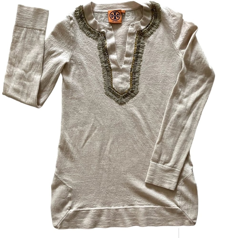 Tory Burch Embellished Merino Wool Dove Tunic Sweater